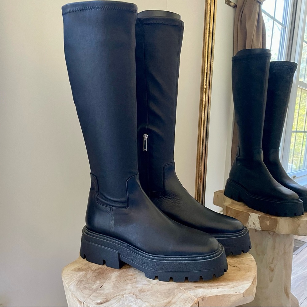 NWT Zara Leather Lug Sole Knee High Chunky Boots in Black - 11